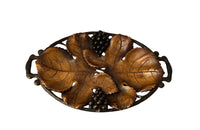 Carved oval wooden tray in the form of two vine leaves with bunches of grapes - decorative antiques