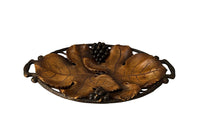 Carved oval wooden tray in the form of two vine leaves with bunches of grapes - decorative antiques