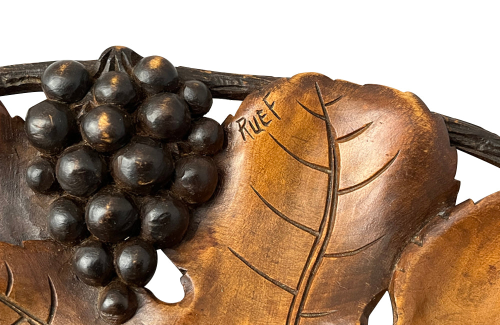 Carved oval wooden tray in the form of two vine leaves with bunches of grapes - decorative antiques