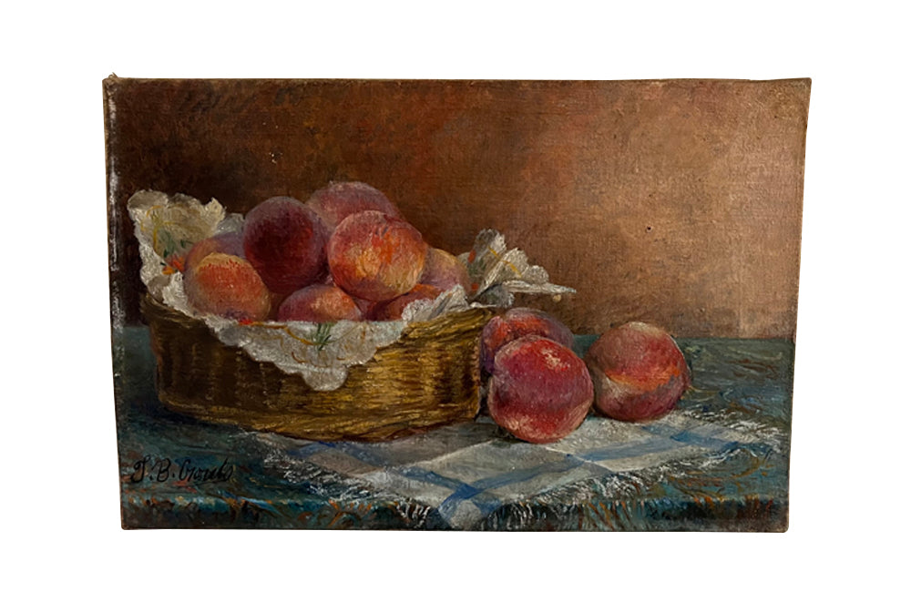 Vintage french still life oil painting of basket of peaches - vintage french wall art