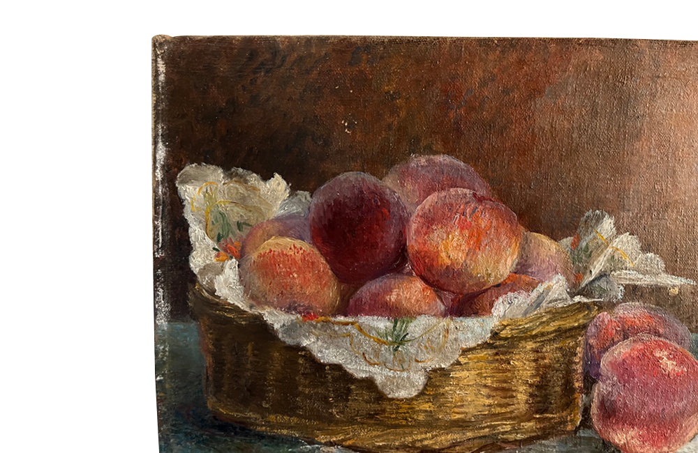 Vintage french still life oil painting of basket of peaches - vintage french wall art