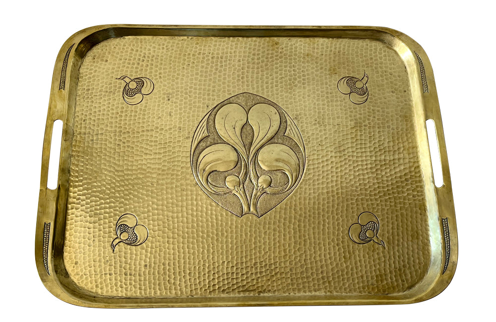 Hammered brass Aesthetic Movement serving tray with integrated handles circa 1900