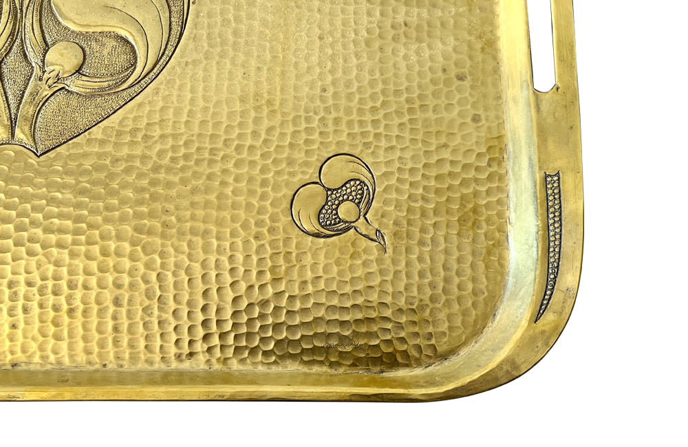Hammered brass Aesthetic Movement serving tray with integrated handles circa 1900