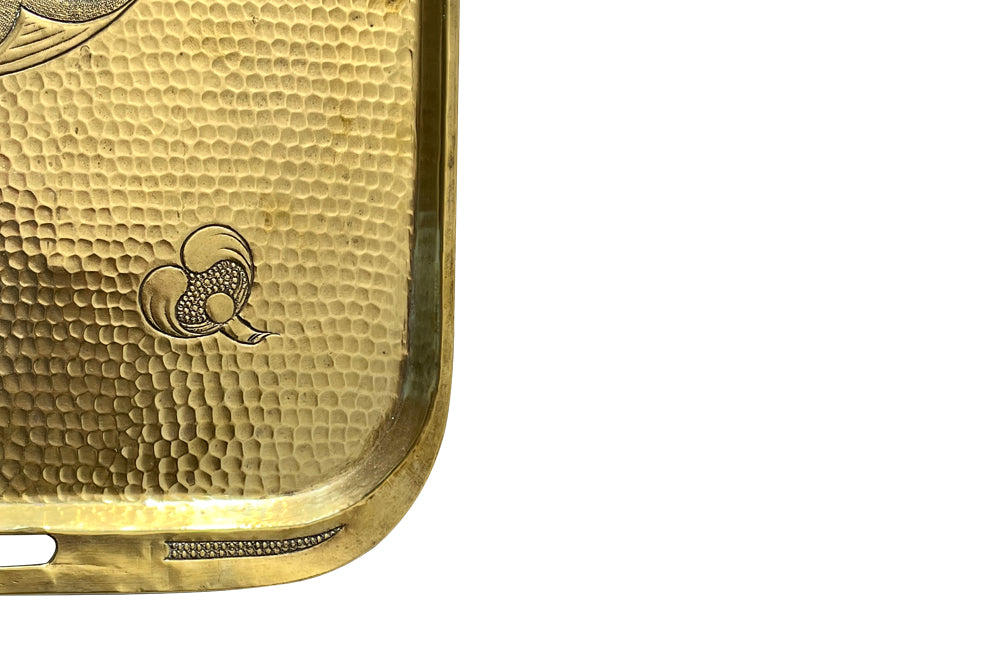 Hammered brass Aesthetic Movement serving tray with integrated handles circa 1900