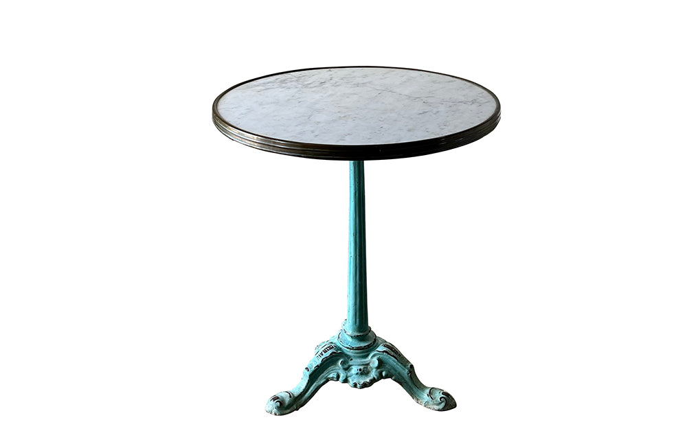 French blue font émaillée gueridon table with marble top in brass surround circa 1900