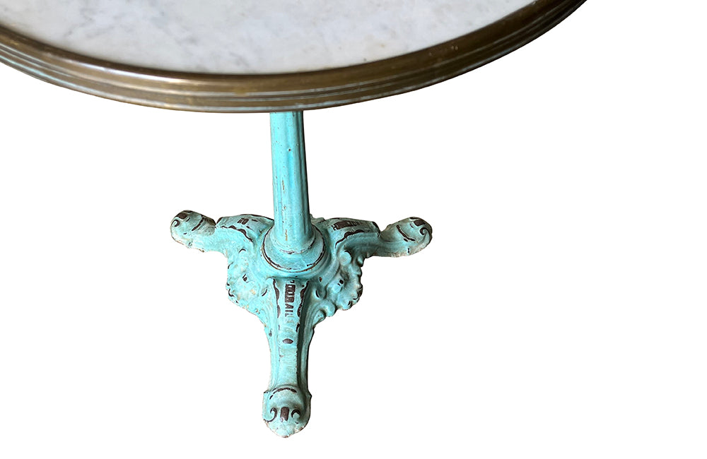 French blue font émaillée gueridon table with marble top in brass surround circa 1900