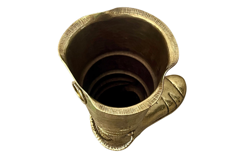 Mid century decorative umbrella stand in the form of a large brass riding boot