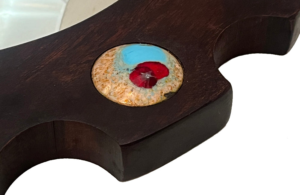 Wooden framed convex sunburst mirror with enamel copper decoration by Capo Esmaltes Spain, circa 1960.