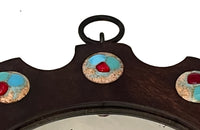 Wooden framed convex sunburst mirror with enamel copper decoration by Capo Esmaltes Spain, circa 1960.