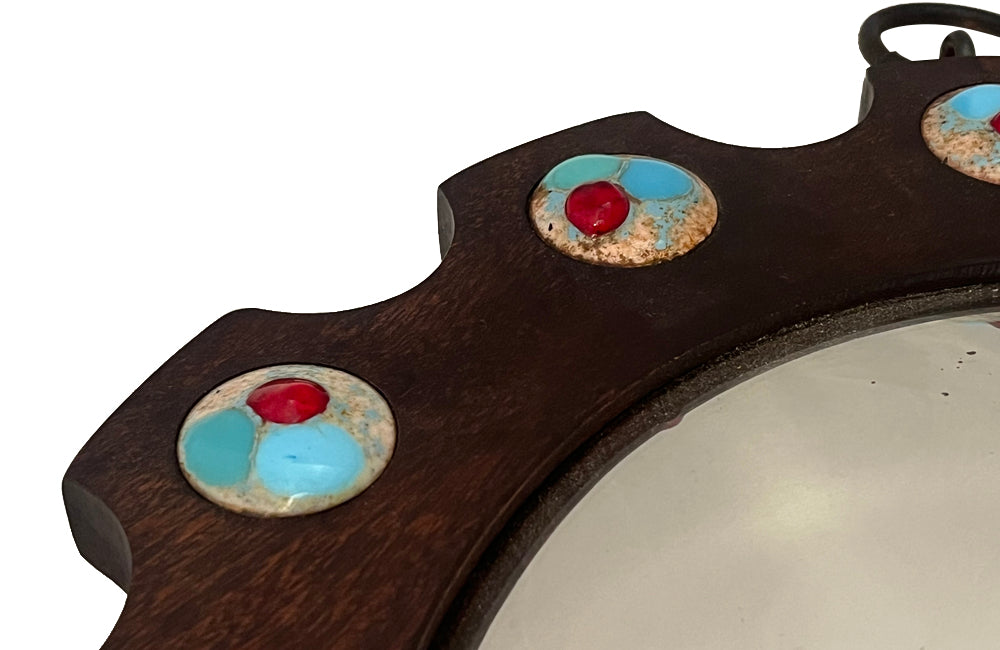 Wooden framed convex sunburst mirror with enamel copper decoration by Capo Esmaltes Spain, circa 1960.