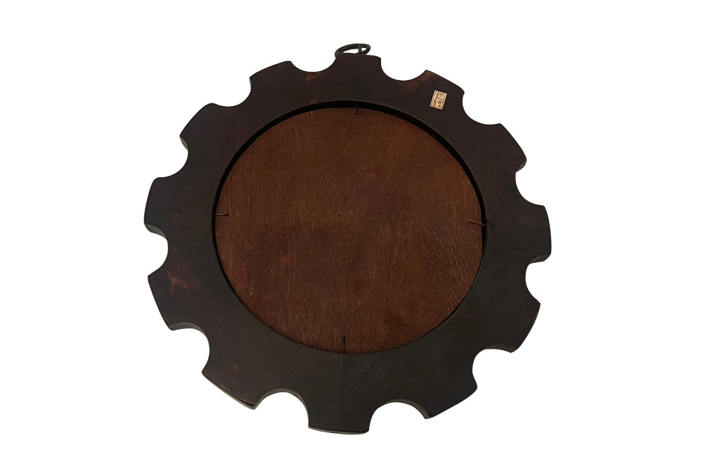 Wooden framed convex sunburst mirror with enamel copper decoration by Capo Esmaltes Spain, circa 1960.