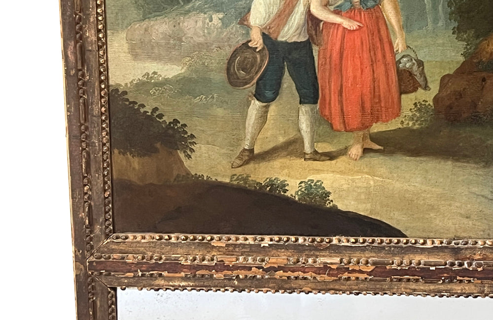early 19th Century French giltwood trumeau mirror with original oil on canvas painting