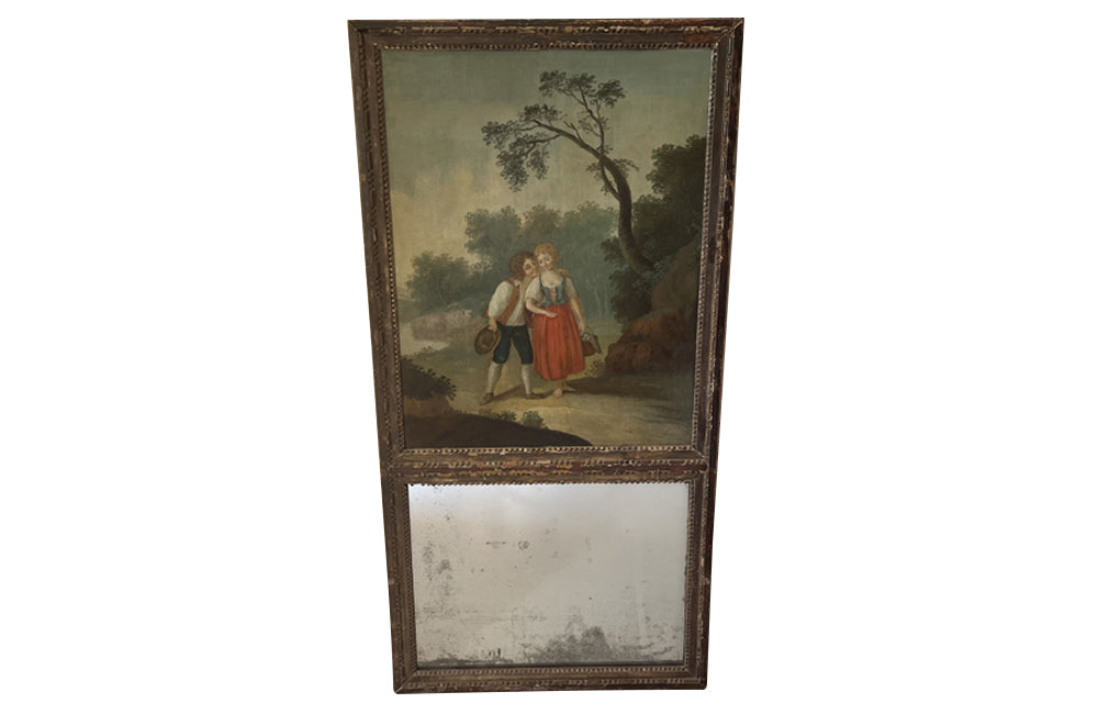 early 19th Century French giltwood trumeau mirror with original oil on canvas painting