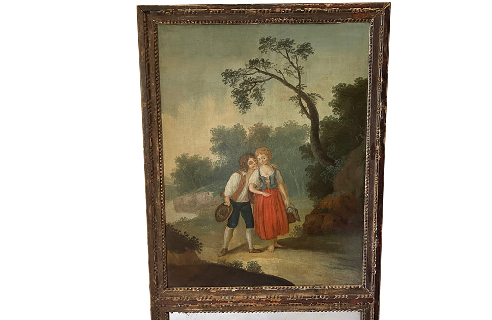 early 19th Century French giltwood trumeau mirror with original oil on canvas painting