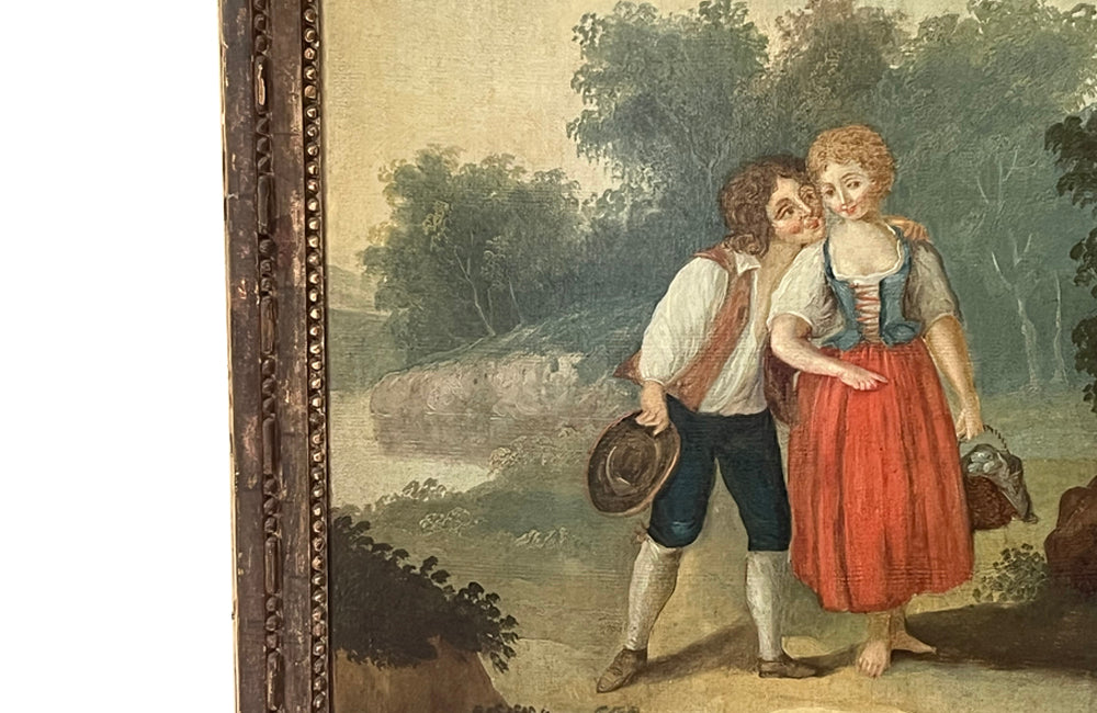 early 19th Century French giltwood trumeau mirror with original oil on canvas painting