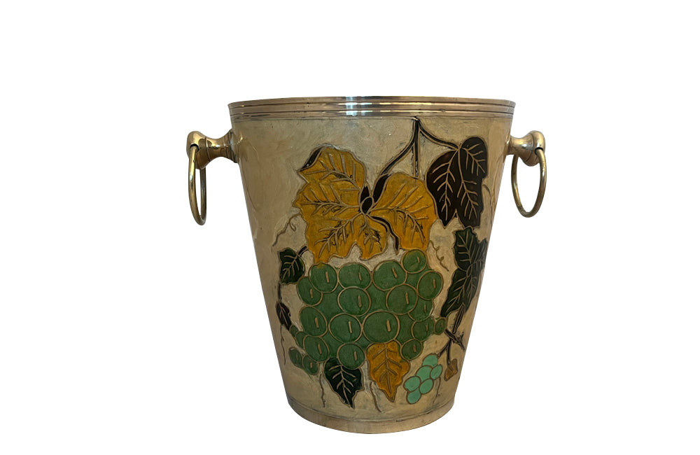 Vintage enamel & brass Champagne bucket with grapevine decoration