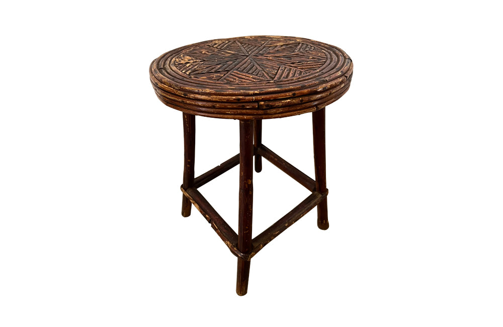 Charming little French Art Populaire twigwork occasional table or foot stool with attractive geometric star design to top. Circa 1900 - AD & PS Antiques