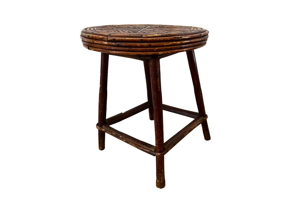 Charming little French Art Populaire twigwork occasional table or foot stool with attractive geometric star design to top. Circa 1900 - AD & PS Antiques