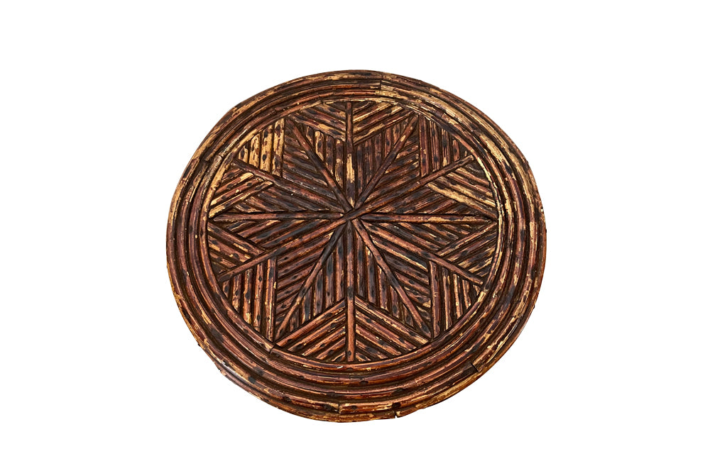 Charming little French Art Populaire twigwork occasional table or foot stool with attractive geometric star design to top. Circa 1900 - AD & PS Antiques