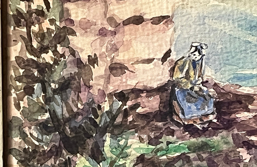 Early 20th Century French watercolour of a woman seated in the arch of ruin walls around Carcassonne.   Signed Chauvette.