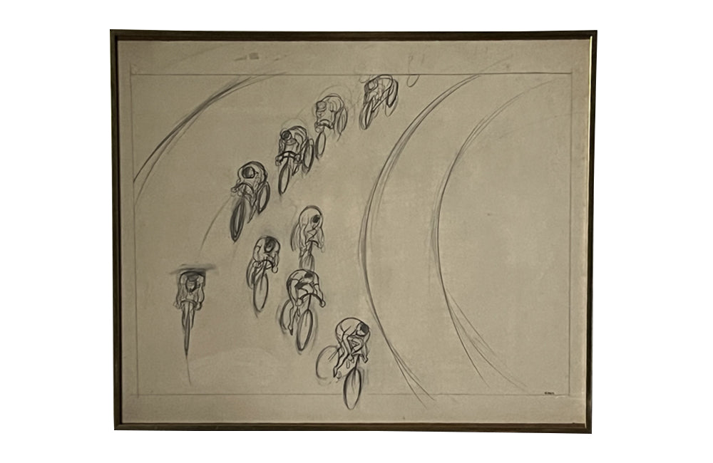 20th Century Signed Framed Drawing of Cyclists by Eller