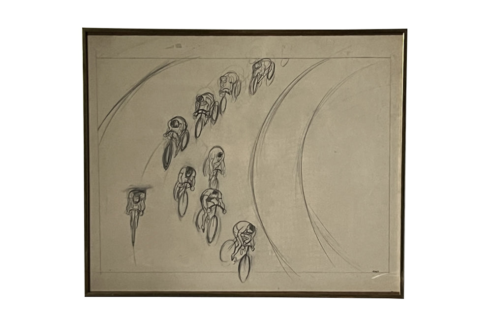 20th Century Signed Framed Drawing of Cyclists by Eller