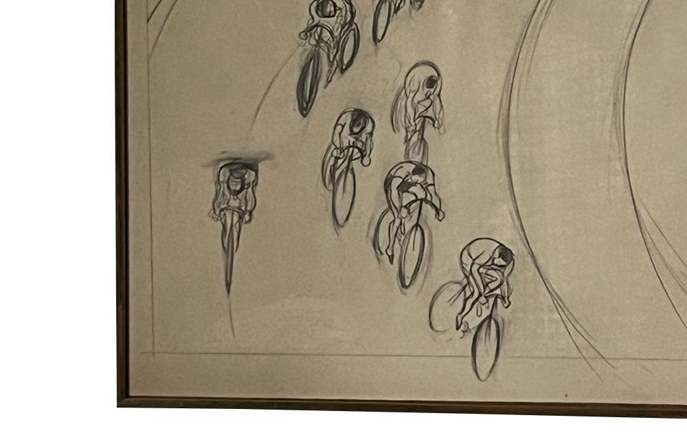 20th Century Signed Framed Drawing of Cyclists by Eller