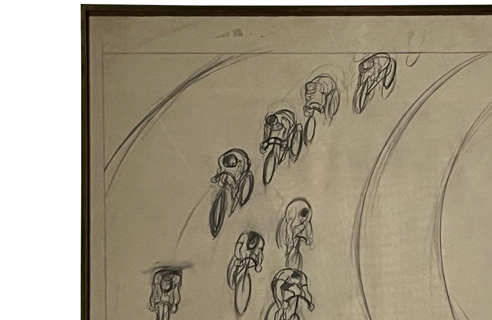 20th Century Signed Framed Drawing of Cyclists by Eller