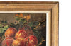 Early 20th Century French framed still life oil painting of wild blackberries, peaches, figs, a walnut and a woven basket on a draped tablecloth. 