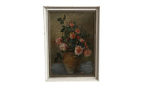 Signed 20th Century French framed still life oil on wood painting of roses in a confit pot.