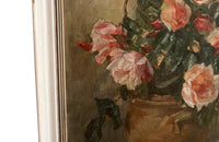 Signed 20th Century French framed still life oil on wood painting of roses in a confit pot.