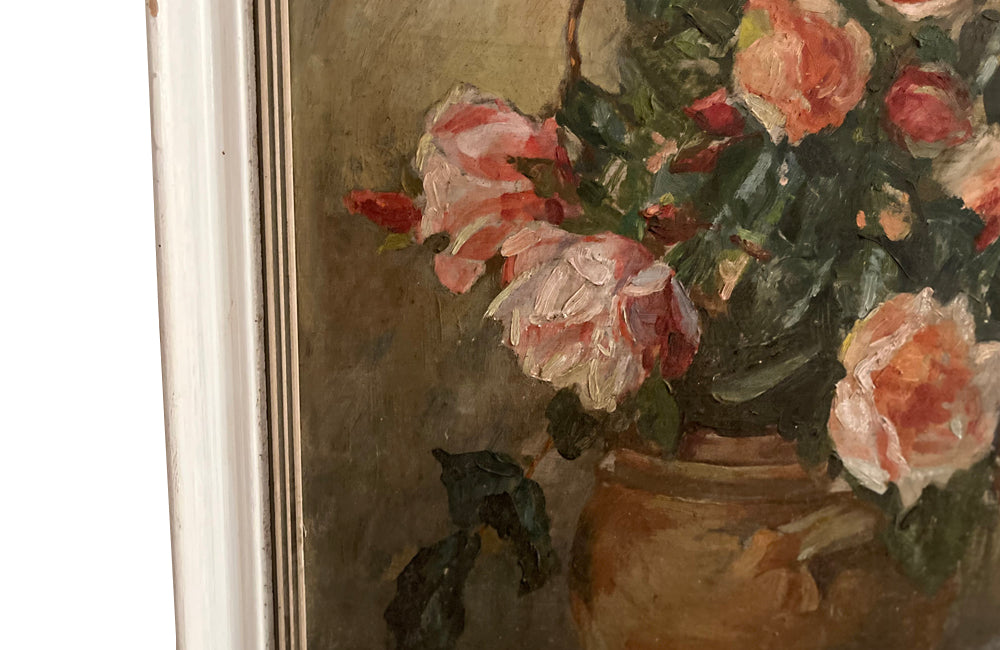 Signed 20th Century French framed still life oil on wood painting of roses in a confit pot.