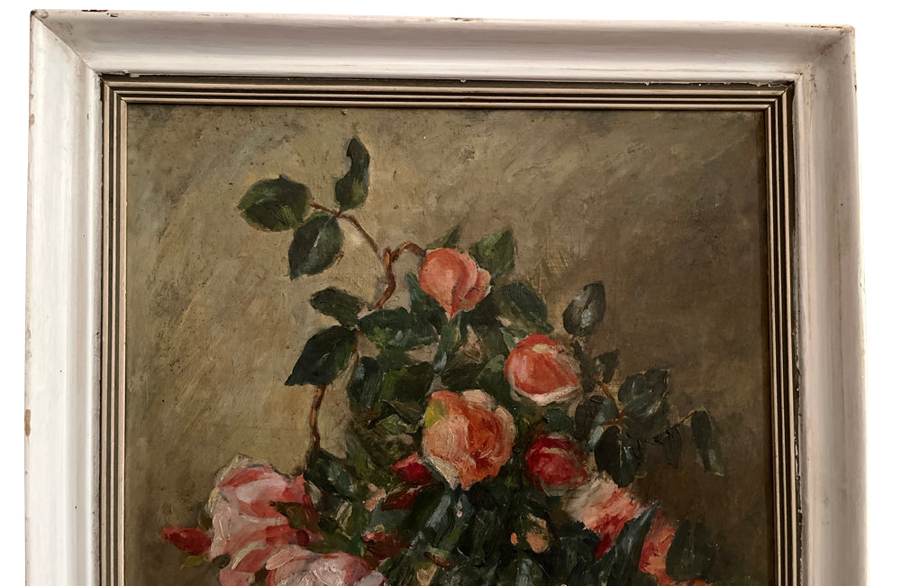 Signed 20th Century French framed still life oil on wood painting of roses in a confit pot.