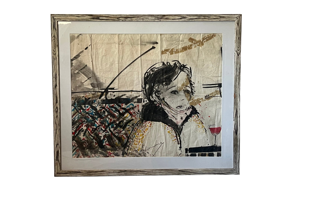 20th Century French Modernist of a woman with red wine watercolour and ink painting on paper signed by the artist Laurent Betremieux