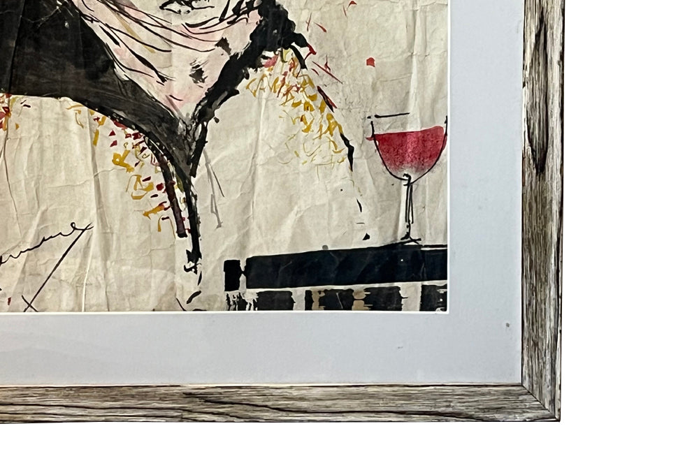 20th Century French Modernist of a woman with red wine watercolour and ink painting on paper signed by the artist Laurent Betremieux