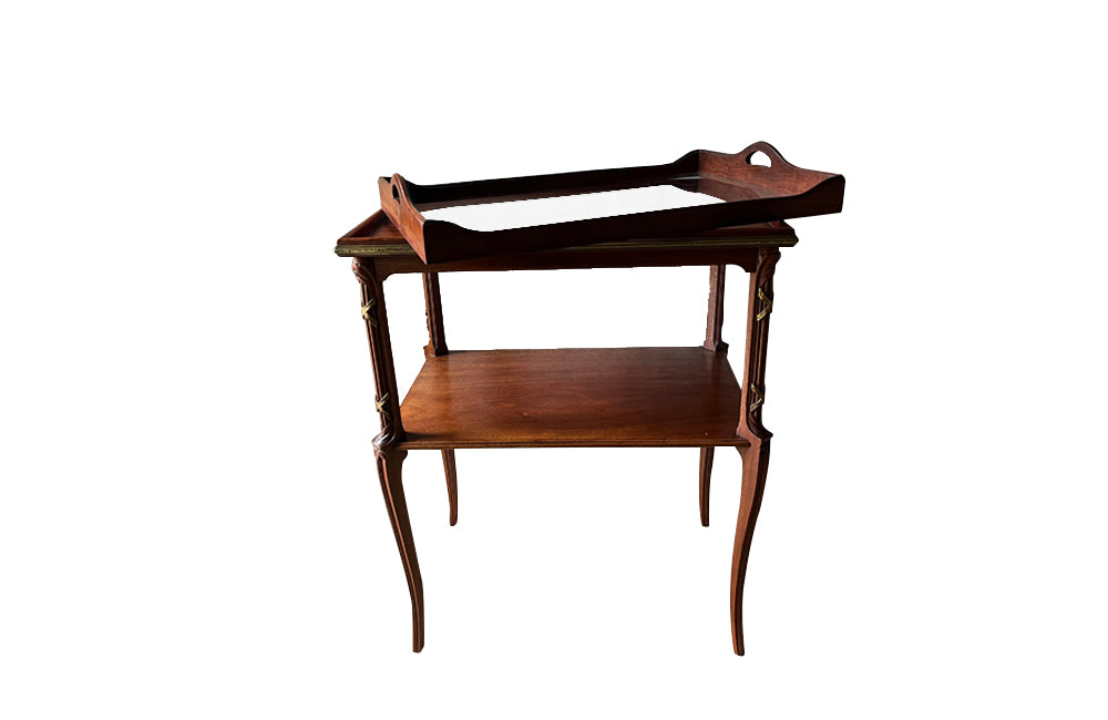 Antique mahogany side tray table with brass banding - French - Antique Side Table