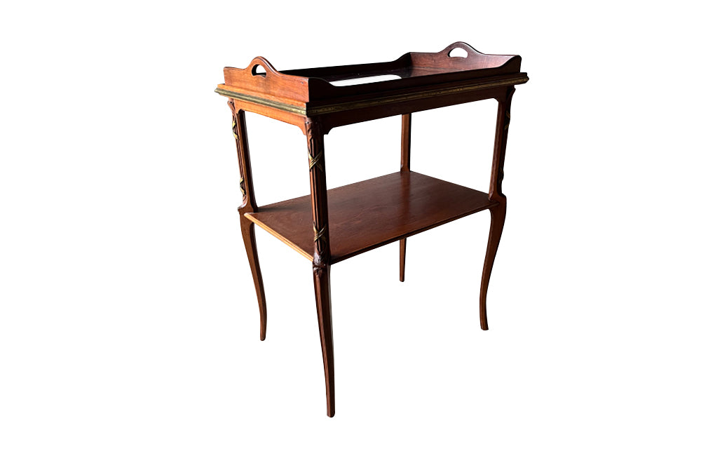 Antique mahogany side tray table with brass banding - French - Antique Side Table
