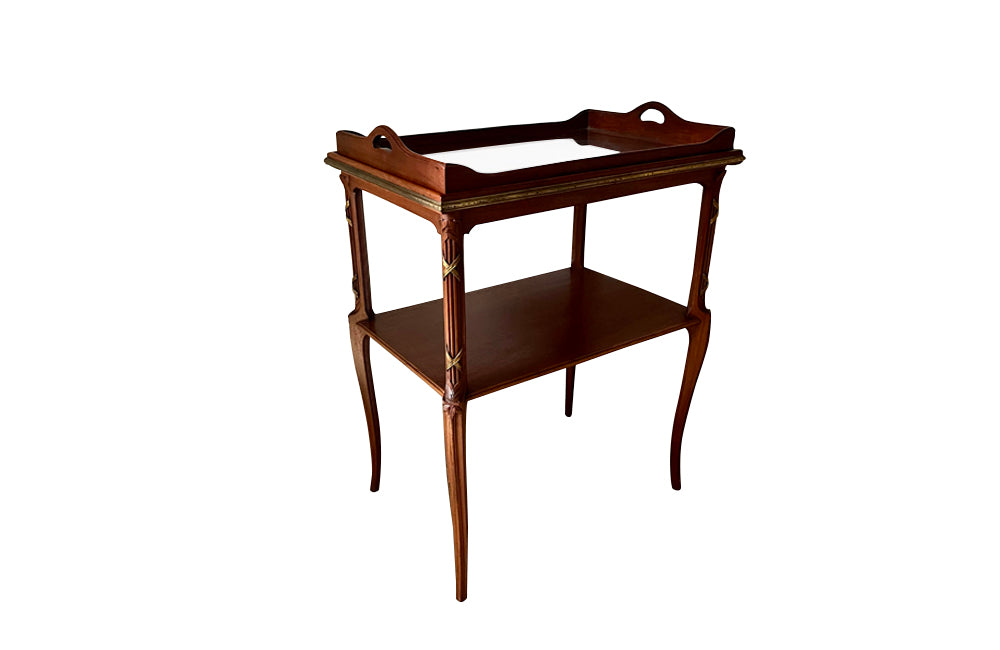 Antique mahogany side tray table with brass banding - French - Antique Side Table