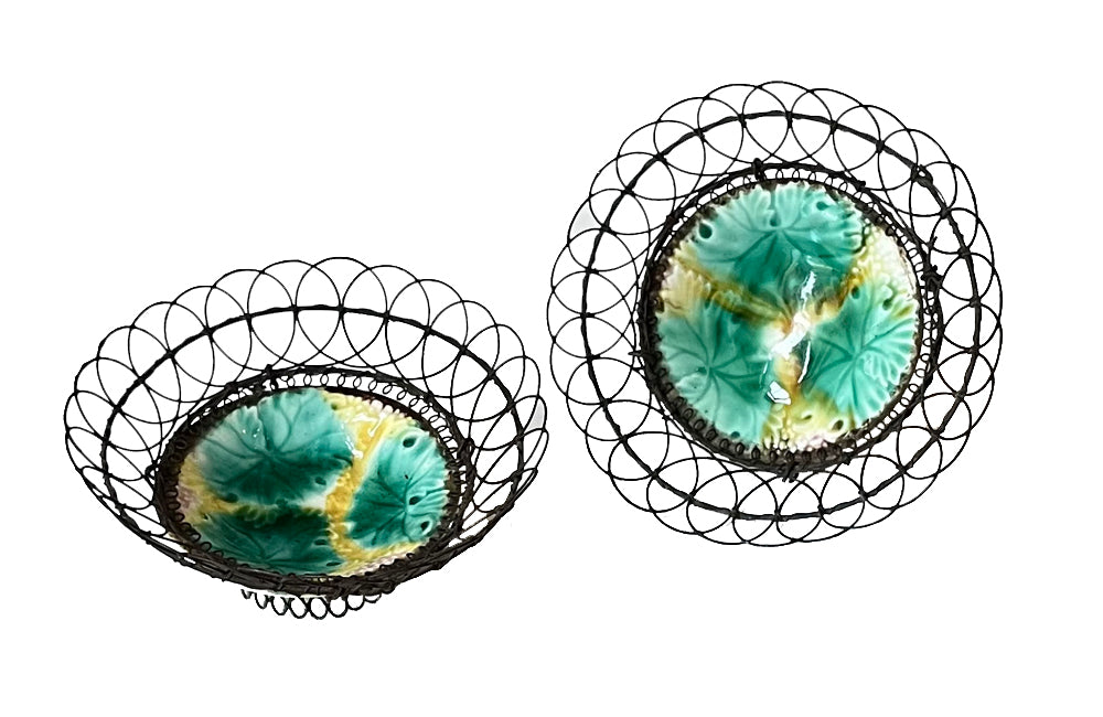 Pair of antique French majolica dishes in wirework baskets - French Antiques