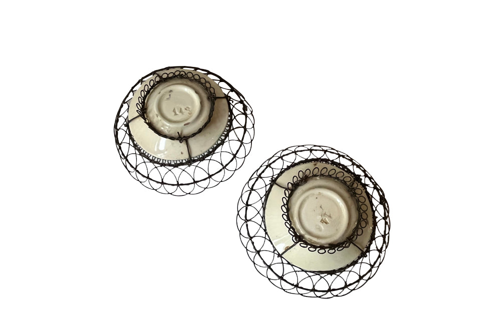 Pair of antique French majolica dishes in wirework baskets - French Antiques