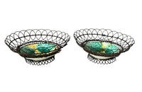 Pair of antique French majolica dishes in wirework baskets - French Antiques