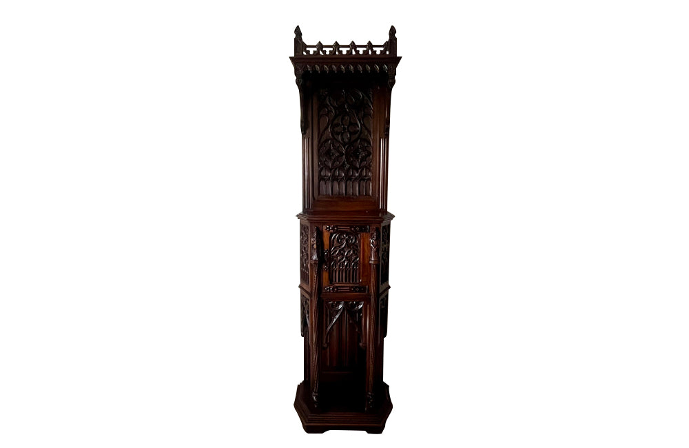 Antique credenza or hall cupboard in walnut in the Neo-Gothic style. French. Signed A. Bastet, Lyon. French antique furniture