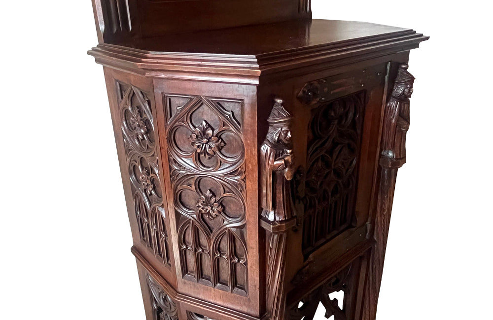 Antique credenza or hall cupboard in walnut in the Neo-Gothic style. French. Signed A. Bastet, Lyon. French antique furniture