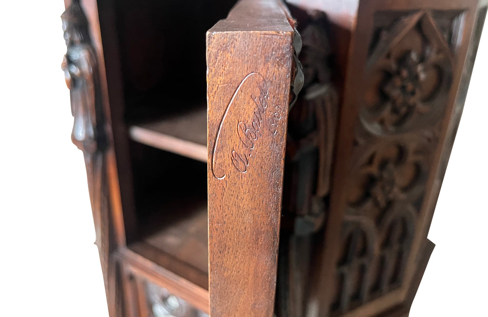 Antique credenza or hall cupboard in walnut in the Neo-Gothic style. French. Signed A. Bastet, Lyon. French antique furniture
