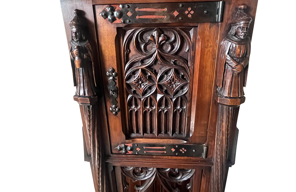 Antique credenza or hall cupboard in walnut in the Neo-Gothic style. French. Signed A. Bastet, Lyon. French antique furniture