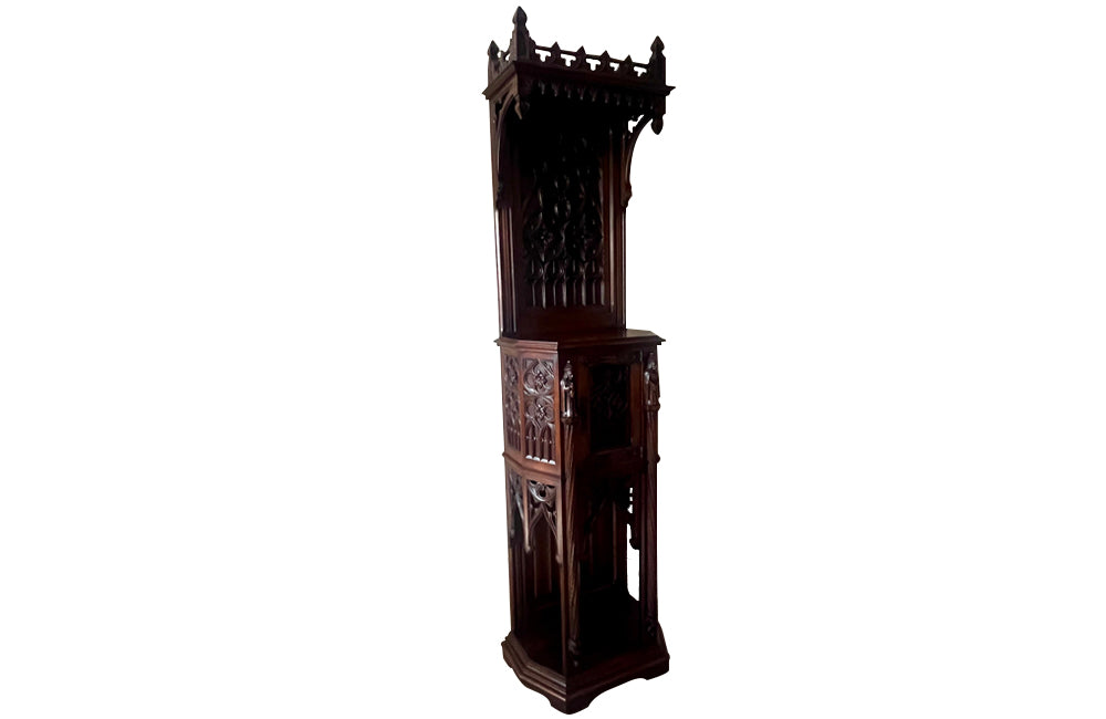 Antique credenza or hall cupboard in walnut in the Neo-Gothic style. French. Signed A. Bastet, Lyon. French antique furniture