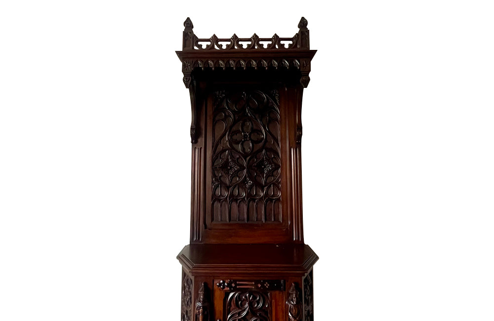 Antique credenza or hall cupboard in walnut in the Neo-Gothic style. French. Signed A. Bastet, Lyon. French antique furniture