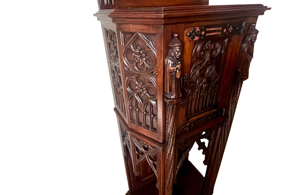 Antique credenza or hall cupboard in walnut in the Neo-Gothic style. French. Signed A. Bastet, Lyon. French antique furniture