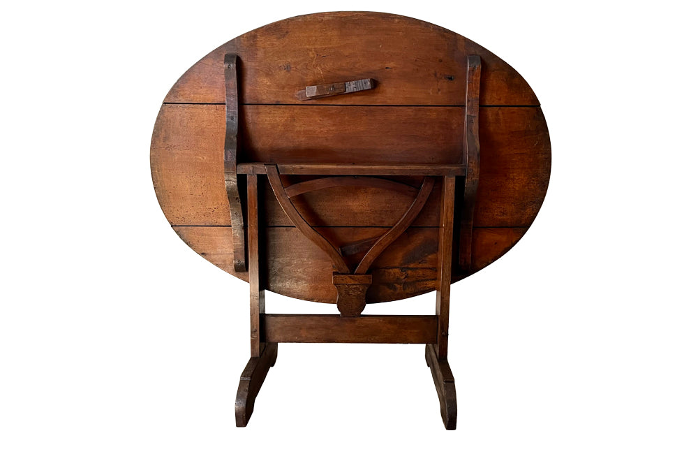 Charming19th century French fruitwood vendange table with lyre base .
