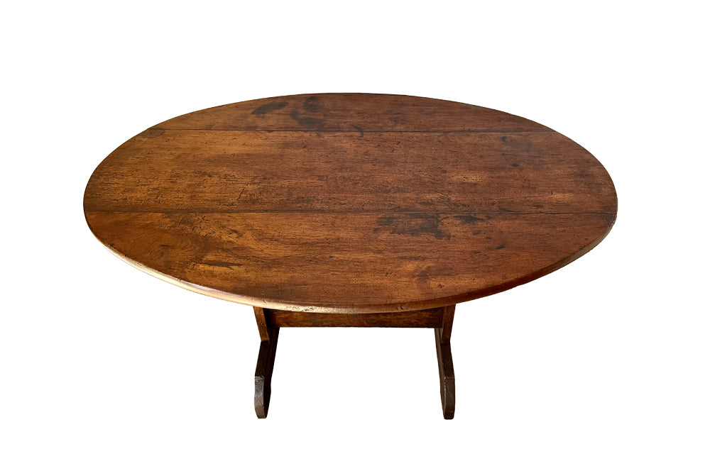 Charming19th century French fruitwood vendange table with lyre base .